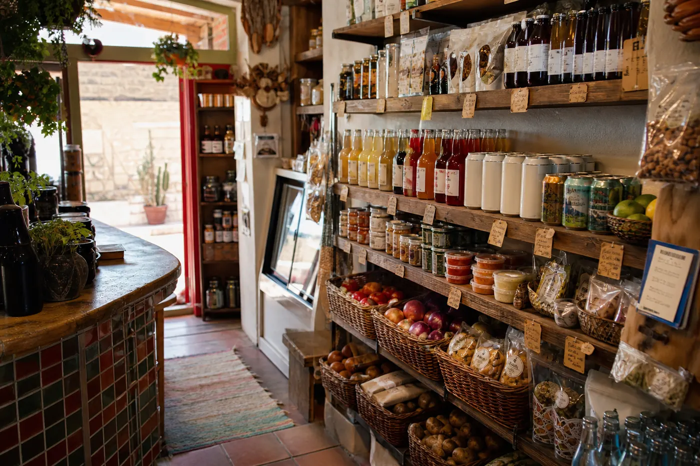Small vegan market shelves with drinks, pantry goods, and produce baskets