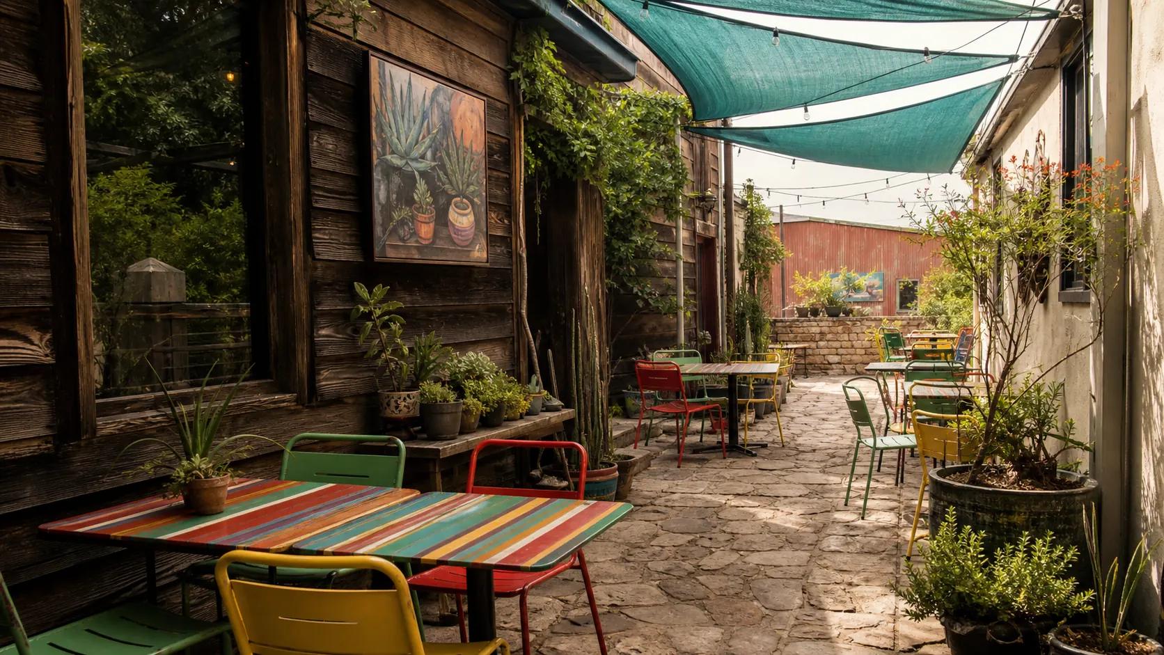 POCO inspired Old Bisbee patio with striped tables and teal shade sails